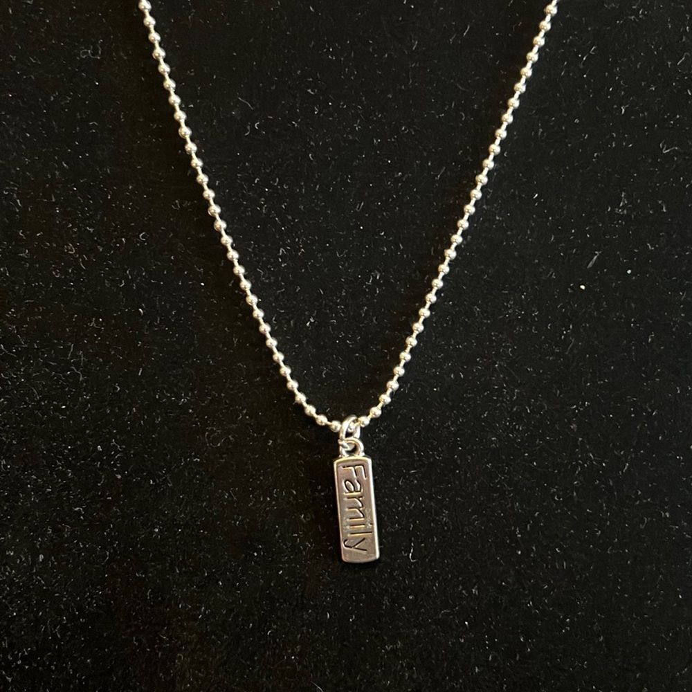 Handcrafted family tag pendant on 19inch silver tone ball chain